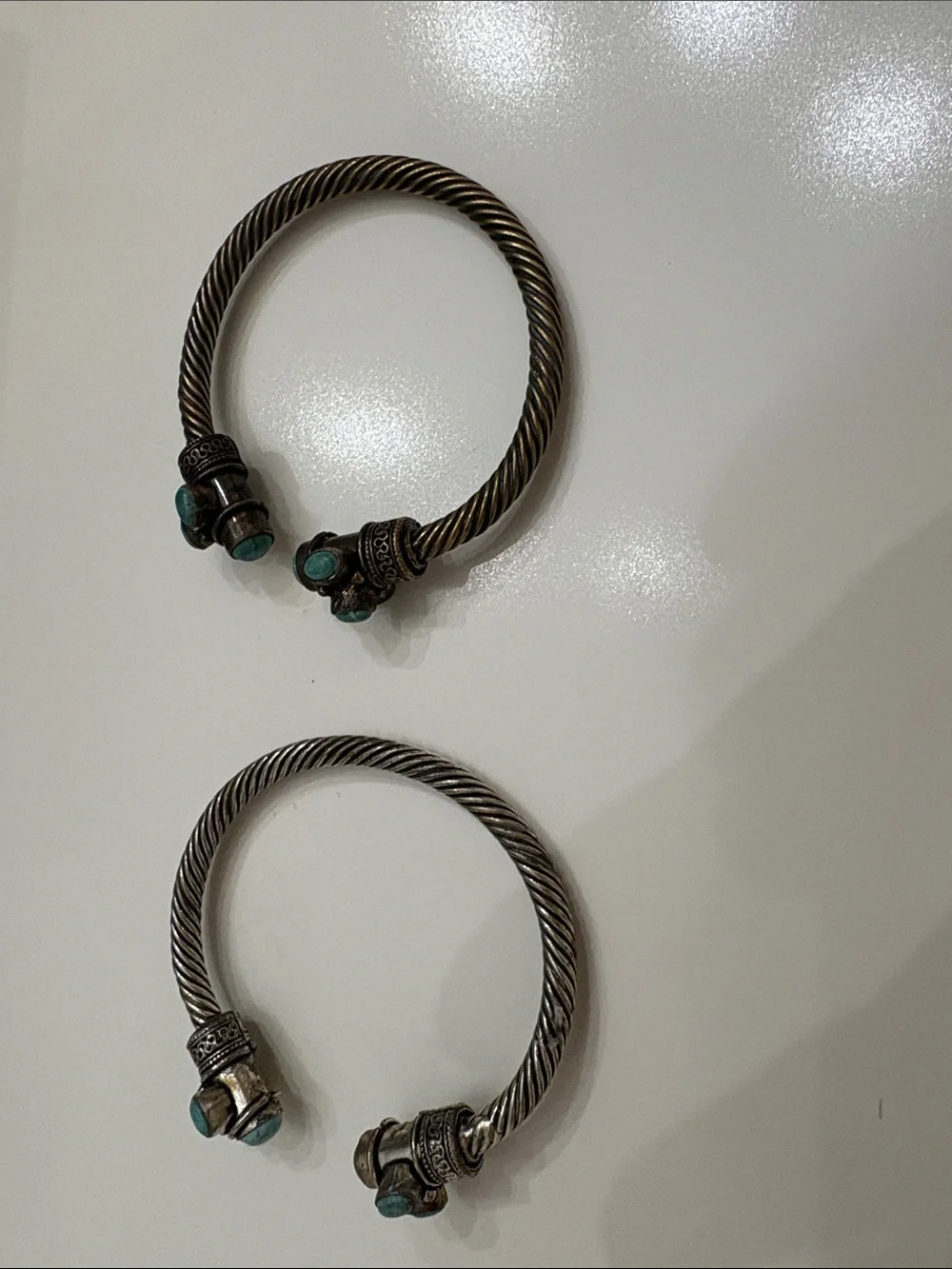 Vintage Tribal Silver Plated Cable Cuff Bracelets-2 Bangle Torque w/ Turquoise
